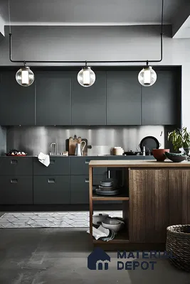 Industrial-Inspired Kitchen with Dark Cabinetry and Exposed Lighting | Material Depot