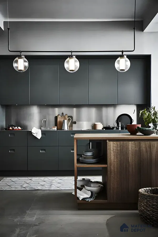 Industrial-Inspired Kitchen with Dark Cabinetry and Exposed Lighting | Material Depot