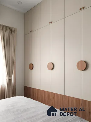 Inspired Floor-To-Ceiling Wardrobe With Fluted Laminate Panels And Matte Beige Shutters | Material Depot