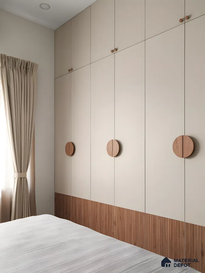 Inspired Floor-To-Ceiling Wardrobe With Fluted Laminate Panels And Matte Beige Shutters | Material Depot