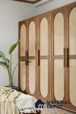 Inspired Wardrobe With Solid Wood Frame And Arched Rattan Cane Shutters | Material Depot