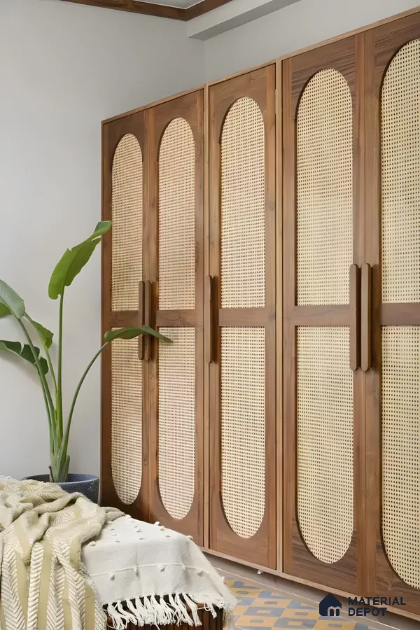 Inspired Wardrobe With Solid Wood Frame And Arched Rattan Cane Shutters | Material Depot