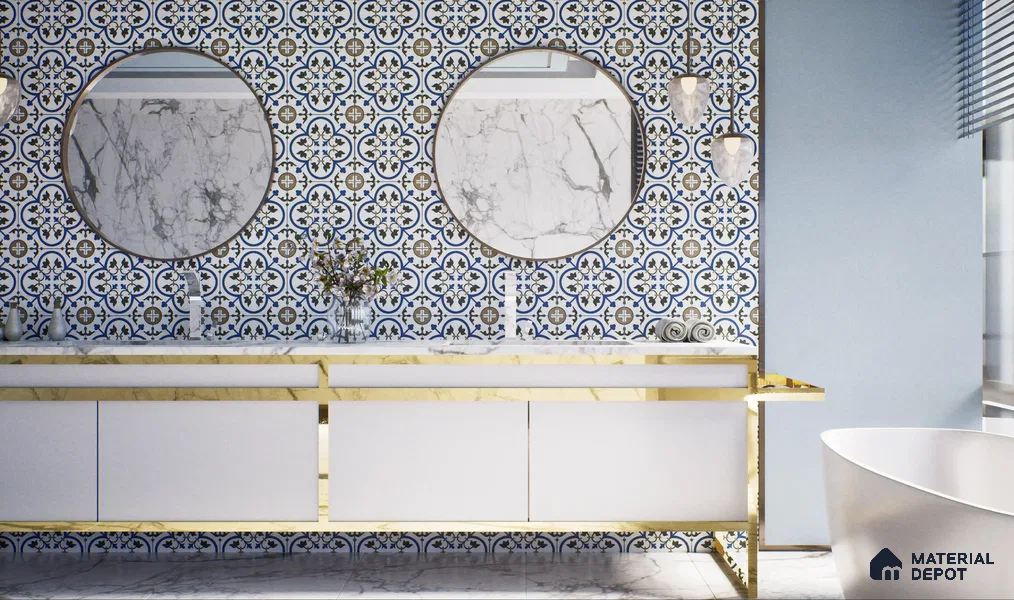 Moroccan Wall & Floor Tile TL 00238 White & Blue 1 ft x 1 ft Matte Finish Ceramic Tile - 9 mm | Suitable For Kitchen, Bathroom, Dining Area | Please Expect a Slight Variation of Pattern
