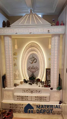 Intricate White Pooja Room with Ornate Design and Backlit Om Symbol | Material Depot