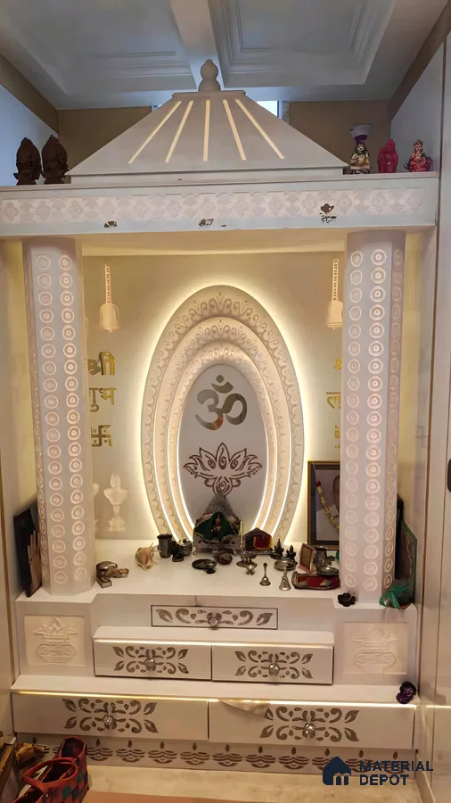 Intricate White Pooja Room with Ornate Design and Backlit Om Symbol | Material Depot