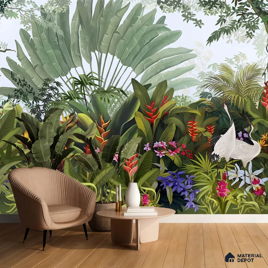 A close-up of a Island Breeze, Tropical Wallpaper for Rooms, Customised Sukoon Series Tropical Design (Customised Size Wallpaper) with a finish available at Material Depot in Bangalore