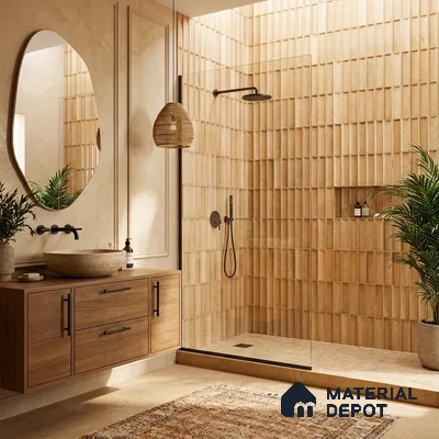Japandi bathroom with beige fluted wall tiles and natural wood vanity
