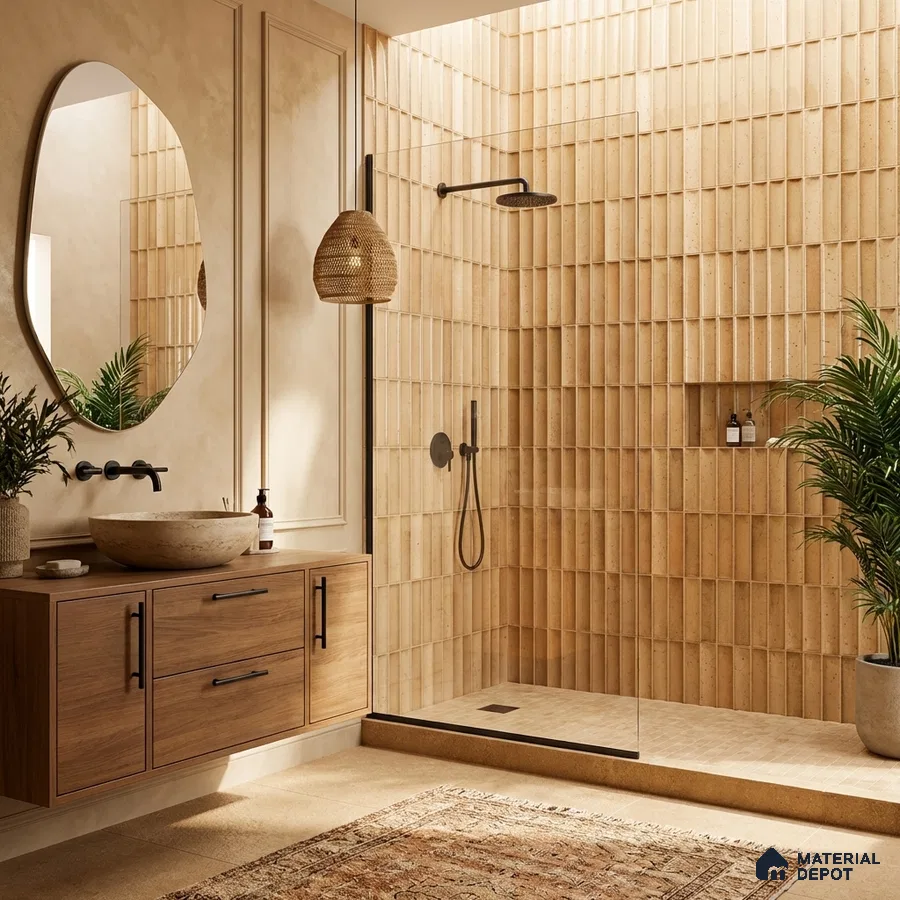 Japandi bathroom with beige fluted wall tiles and natural wood vanity