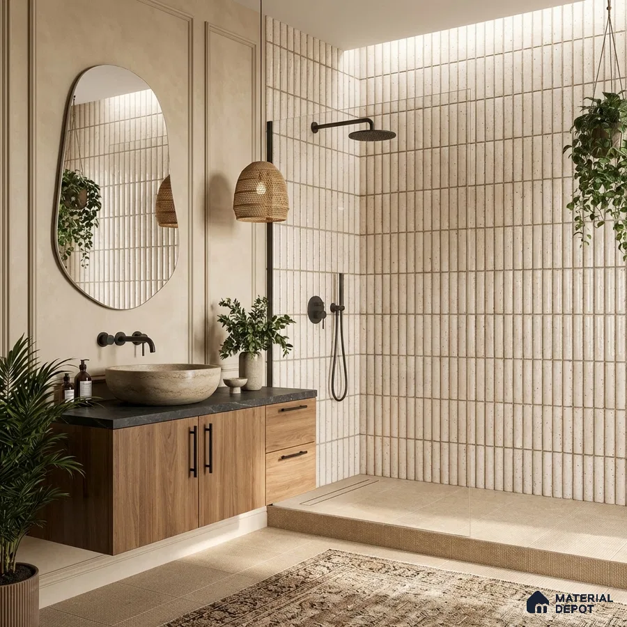 Japandi bathroom with beige kitkat wall tiles, black stone countertop, and natural wood vanity