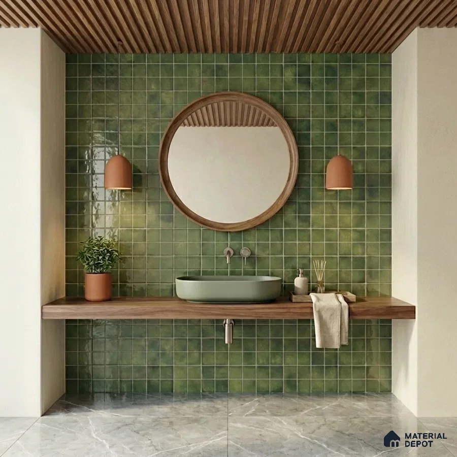 Japandi bathroom with green square wall tiles, wooden countertop, and marble floor tile
