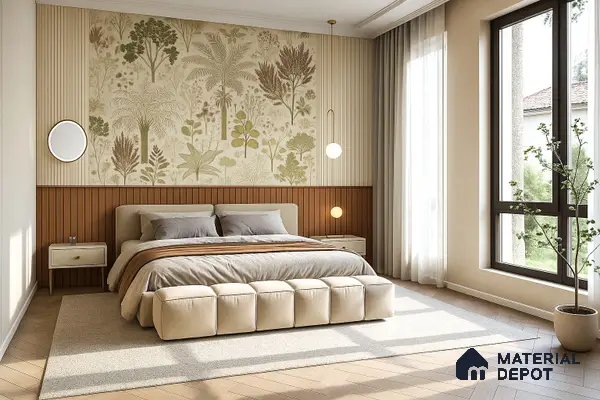Japandi bedroom with botanical wallpaper, vertical wood panels, and light oak herringbone flooring in Sobha Chrysanthemum Thanisandra 3 BHK Bengaluru Apartment