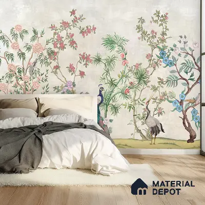 Japandi bedroom with chinoiserie floral wallpaper and light oak wooden flooring in Bengaluru