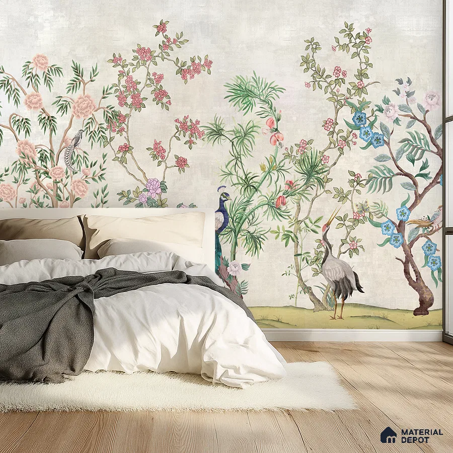 Japandi bedroom with chinoiserie floral wallpaper and light oak wooden flooring in Bengaluru