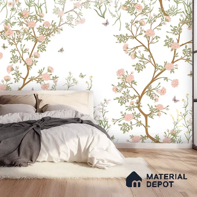 Japandi bedroom with chinoiserie floral wallpaper and light oak wooden flooring in Bengaluru