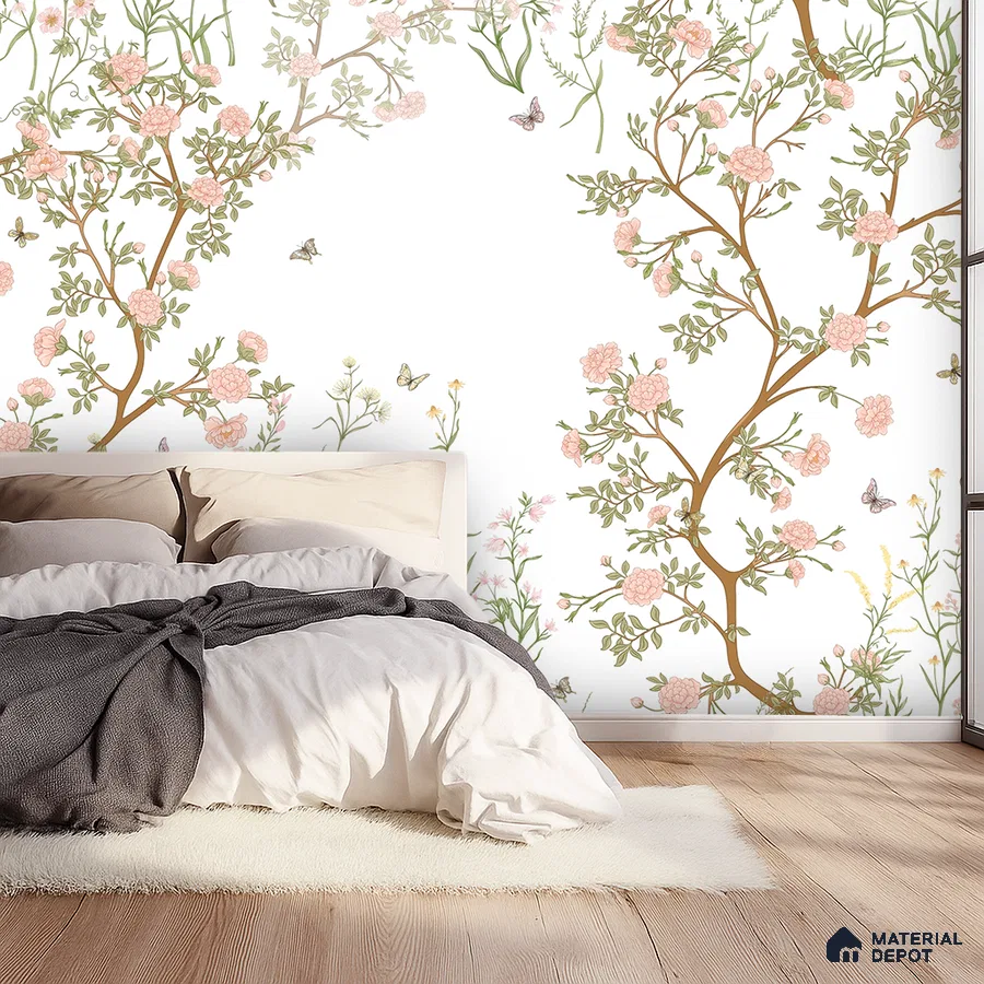 Japandi bedroom with chinoiserie floral wallpaper and light oak wooden flooring in Bengaluru