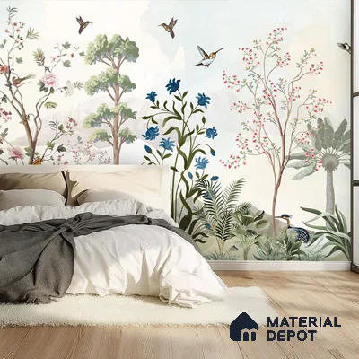 Japandi bedroom with chinoiserie floral wallpaper and light oak wooden flooring in Bengaluru