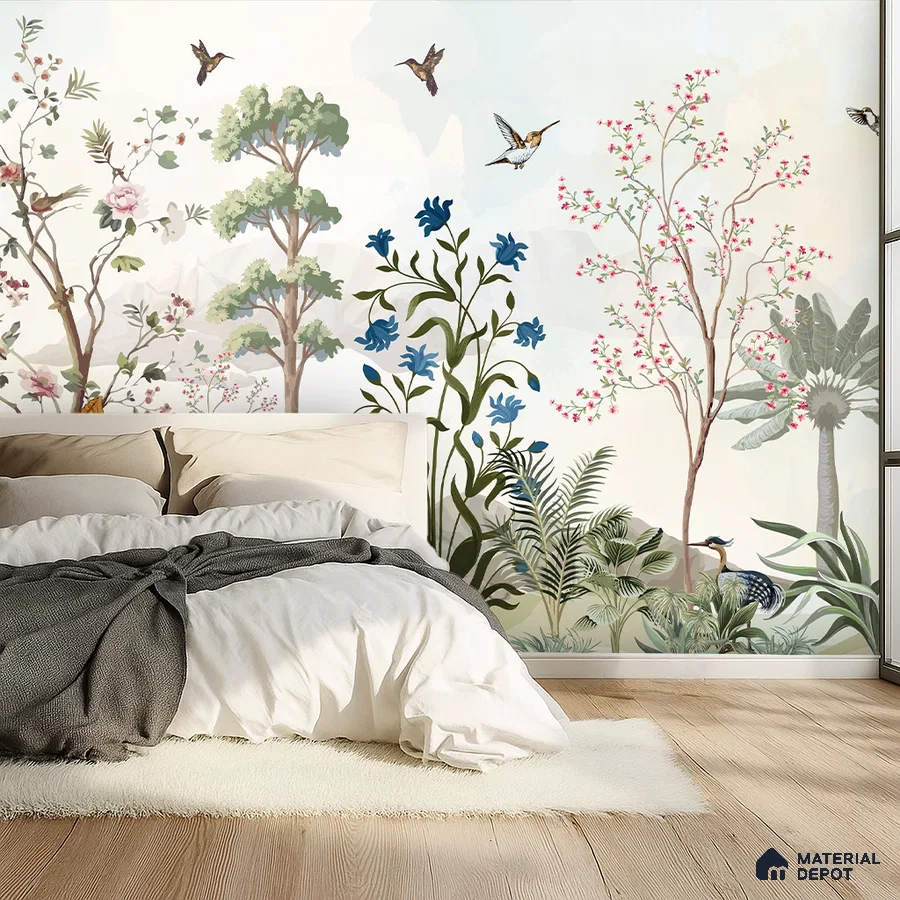 Japandi bedroom with chinoiserie floral wallpaper and light oak wooden flooring in Bengaluru