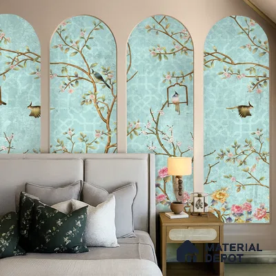 Japandi bedroom with chinoiserie floral wallpaper and light wood bedside table in Bengaluru