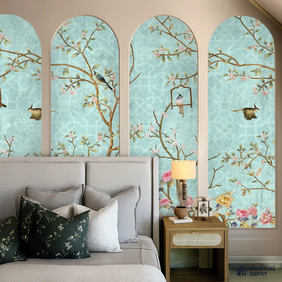 Japandi bedroom with chinoiserie floral wallpaper and light wood bedside table in Bengaluru