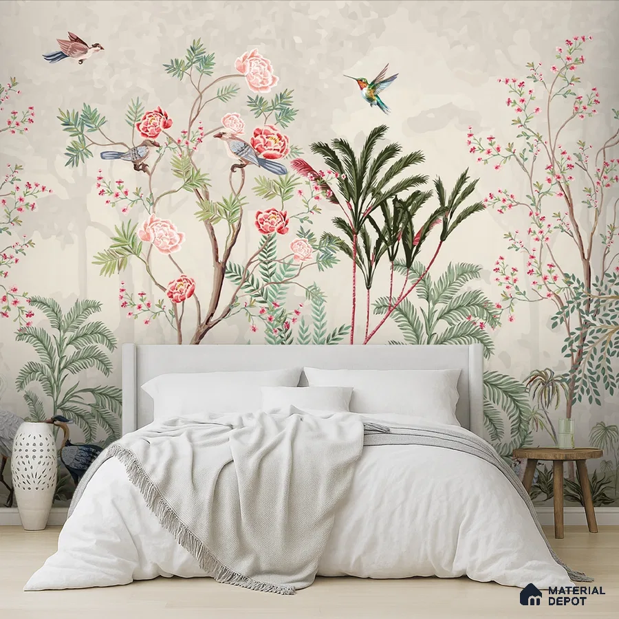 Japandi bedroom with chinoiserie floral wallpaper and light wood flooring in Bengaluru