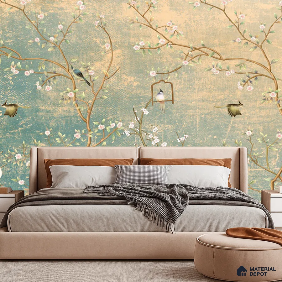Japandi bedroom with chinoiserie floral wallpaper and suede upholstered bed in Bengaluru