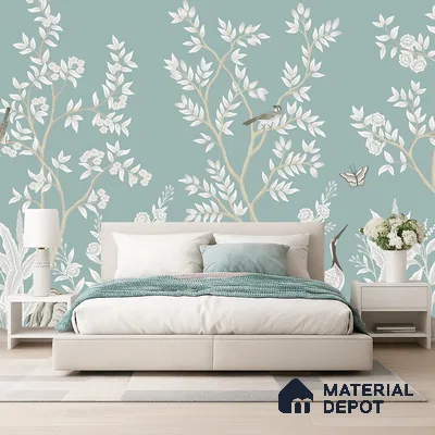 Japandi bedroom with chinoiserie floral wallpaper and upholstered bed in Bengaluru