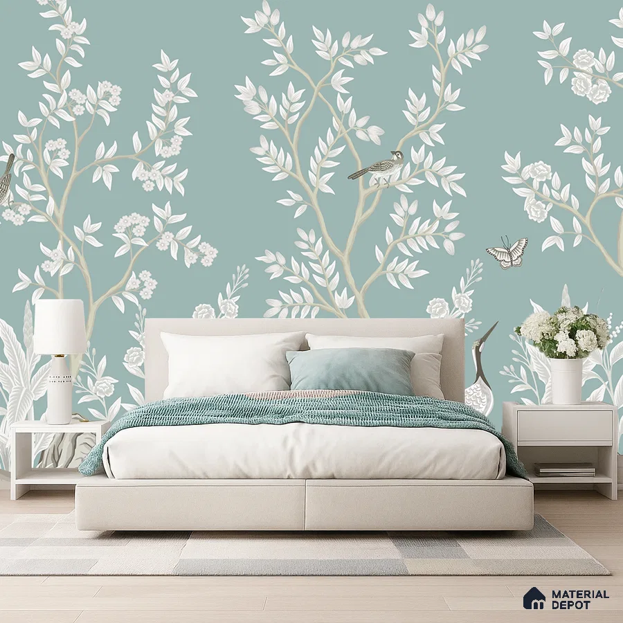 Japandi bedroom with chinoiserie floral wallpaper and upholstered bed in Bengaluru