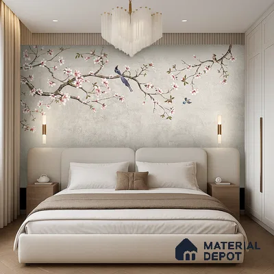 Japandi bedroom with chinoiserie floral wallpaper, beige suede upholstery, and light wood flooring in Bengaluru