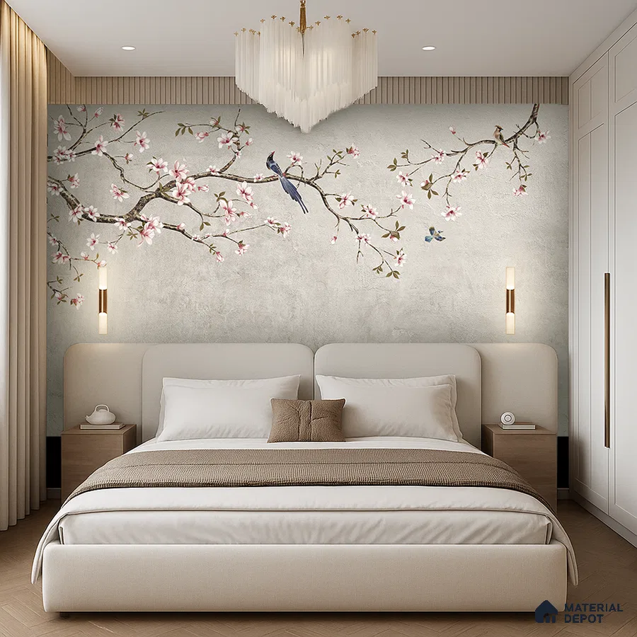 Japandi bedroom with chinoiserie floral wallpaper, beige suede upholstery, and light wood flooring in Bengaluru
