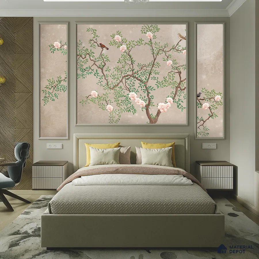 Japandi bedroom with chinoiserie floral wallpaper, suede upholstered bed, and natural wood accents in Bengaluru