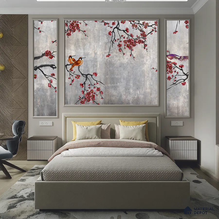 Japandi bedroom with chinoiserie floral wallpaper, suede upholstered bed, and wood accent wall panels in Bengaluru