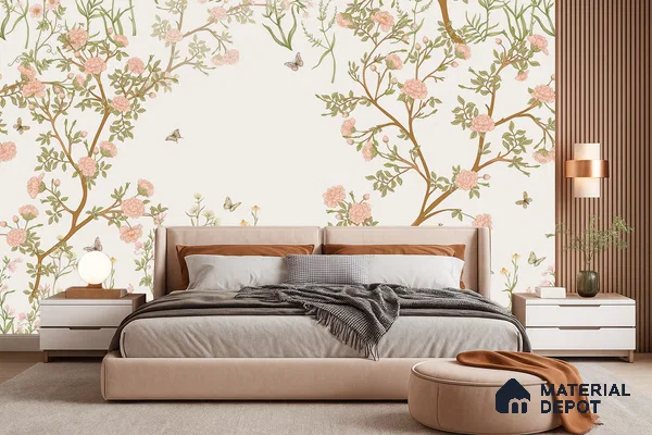 Japandi bedroom with chinoiserie floral wallpaper, suede upholstered bed, and wood slat wall panels in Bengaluru