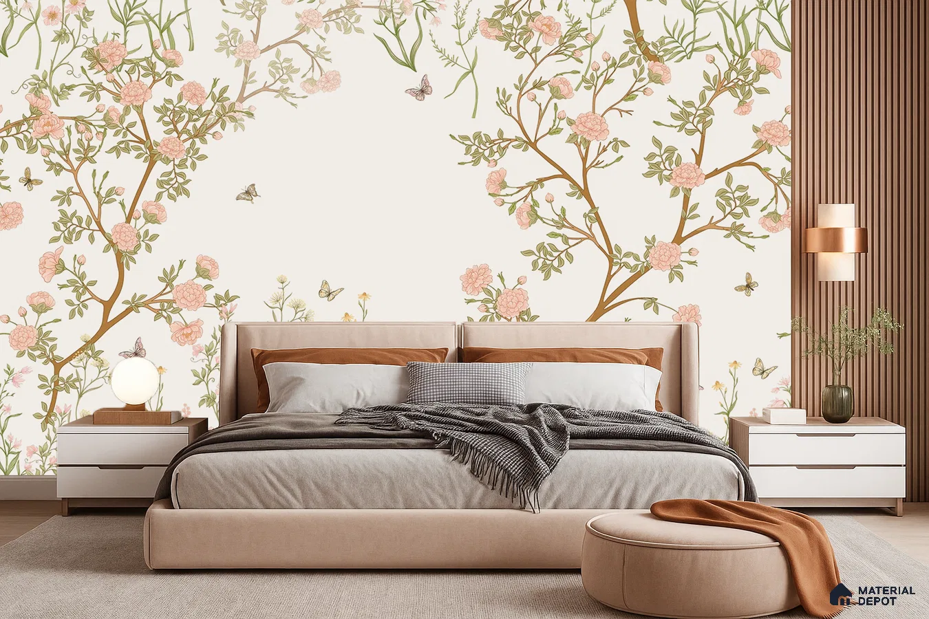Japandi bedroom with chinoiserie floral wallpaper, suede upholstered bed, and wood slat wall panels in Bengaluru