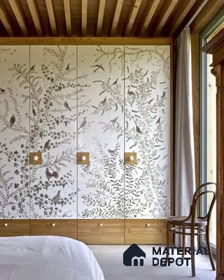 Japandi bedroom with chinoiserie floral wardrobe panels and natural oak wood accents | Material Depot