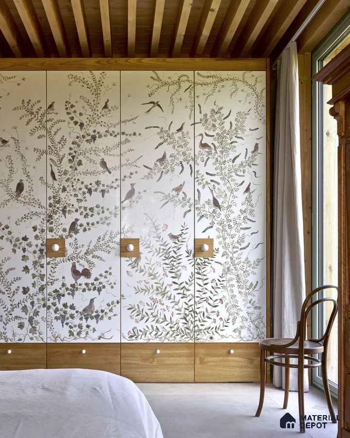 Japandi bedroom with chinoiserie floral wardrobe panels and natural oak wood accents | Material Depot