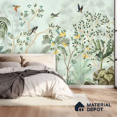 Japandi bedroom with chinoiserie nature wallpaper and light oak wooden flooring in Bengaluru