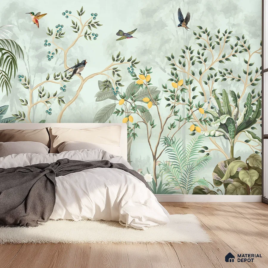 Japandi bedroom with chinoiserie nature wallpaper and light oak wooden flooring in Bengaluru