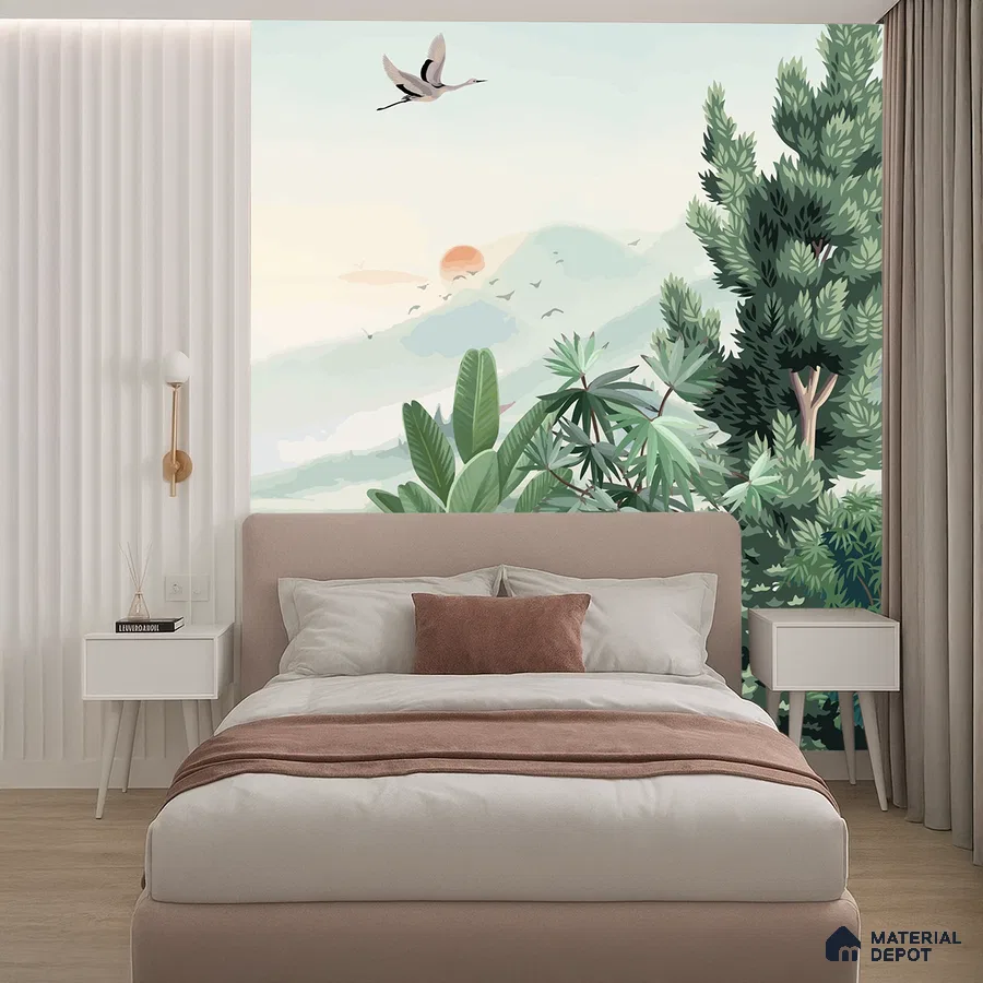 Japandi bedroom with chinoiserie nature wallpaper, suede upholstered bed, and light wood flooring in Bengaluru