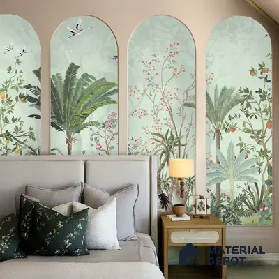 Japandi bedroom with chinoiserie tropical wallpaper and light beige upholstered bed in Bengaluru