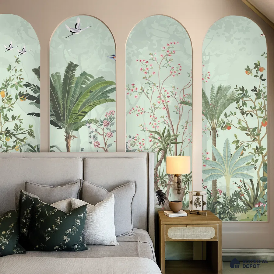 Japandi bedroom with chinoiserie tropical wallpaper and light beige upholstered bed in Bengaluru