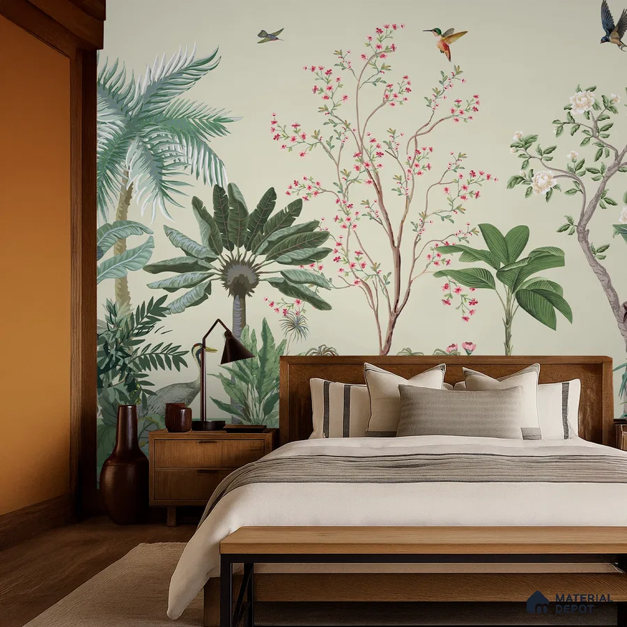 Japandi bedroom with chinoiserie tropical wallpaper and natural wood furniture in Bengaluru