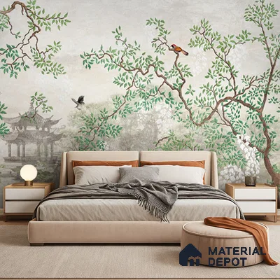 Japandi bedroom with chinoiserie wallpaper and beige suede upholstered bed in Bengaluru