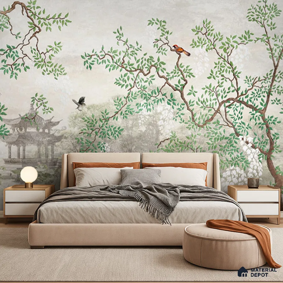 Japandi bedroom with chinoiserie wallpaper and beige suede upholstered bed in Bengaluru