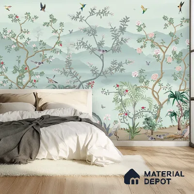 Japandi bedroom with chinoiserie wallpaper and light oak wooden flooring in Bengaluru