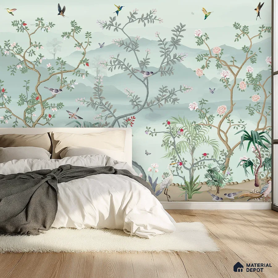 Japandi bedroom with chinoiserie wallpaper and light oak wooden flooring in Bengaluru