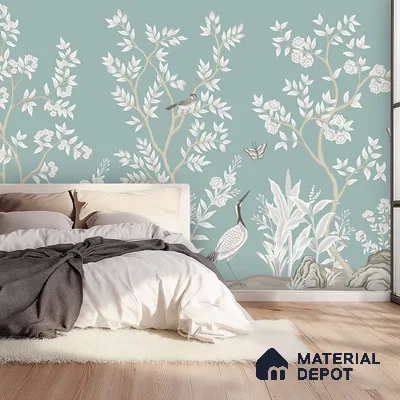 Japandi bedroom with chinoiserie wallpaper and light oak wooden flooring in Bengaluru