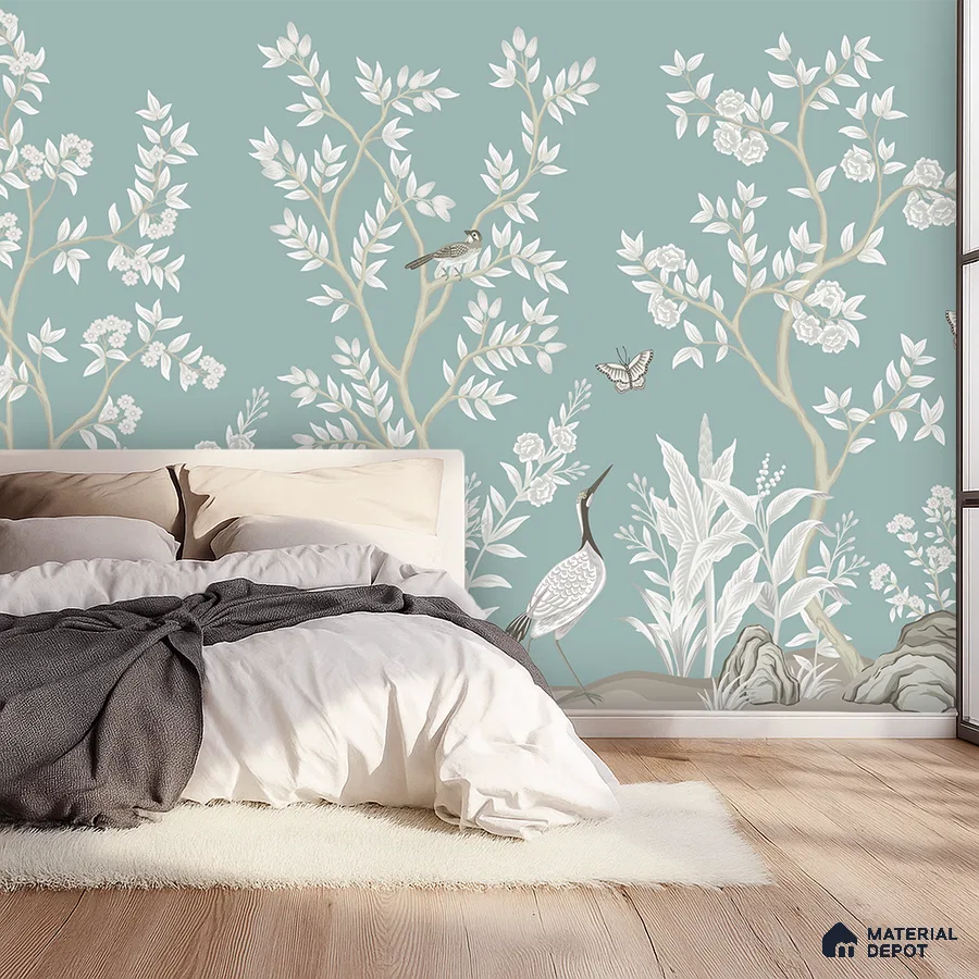 Japandi bedroom with chinoiserie wallpaper and light oak wooden flooring in Bengaluru