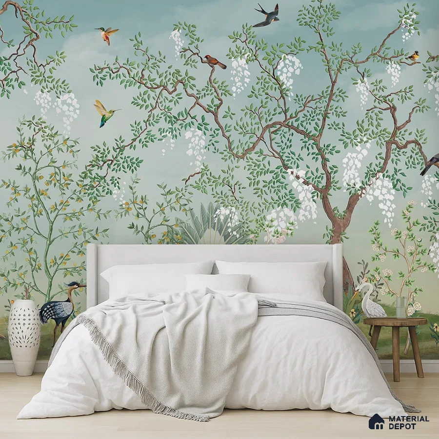 Japandi bedroom with chinoiserie wallpaper and light wood flooring in Bengaluru