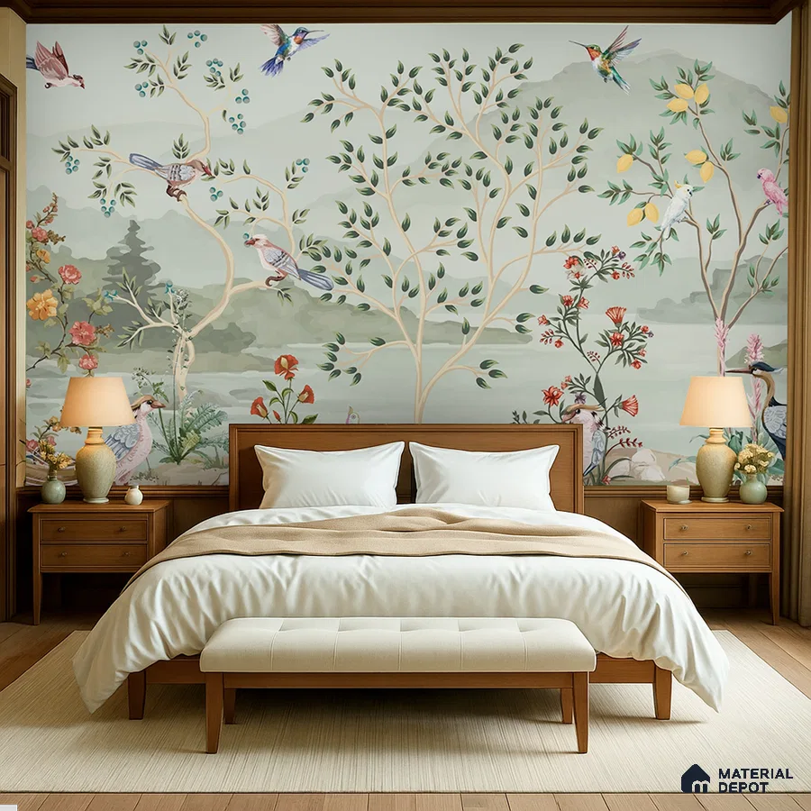 Japandi bedroom with chinoiserie wallpaper and natural wood furniture in Bengaluru