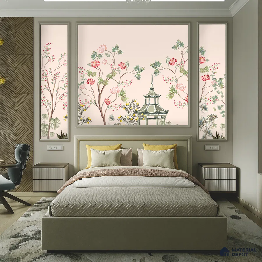 Japandi bedroom with chinoiserie wallpaper, suede upholstered bed, and natural wood accent wall in Bengaluru